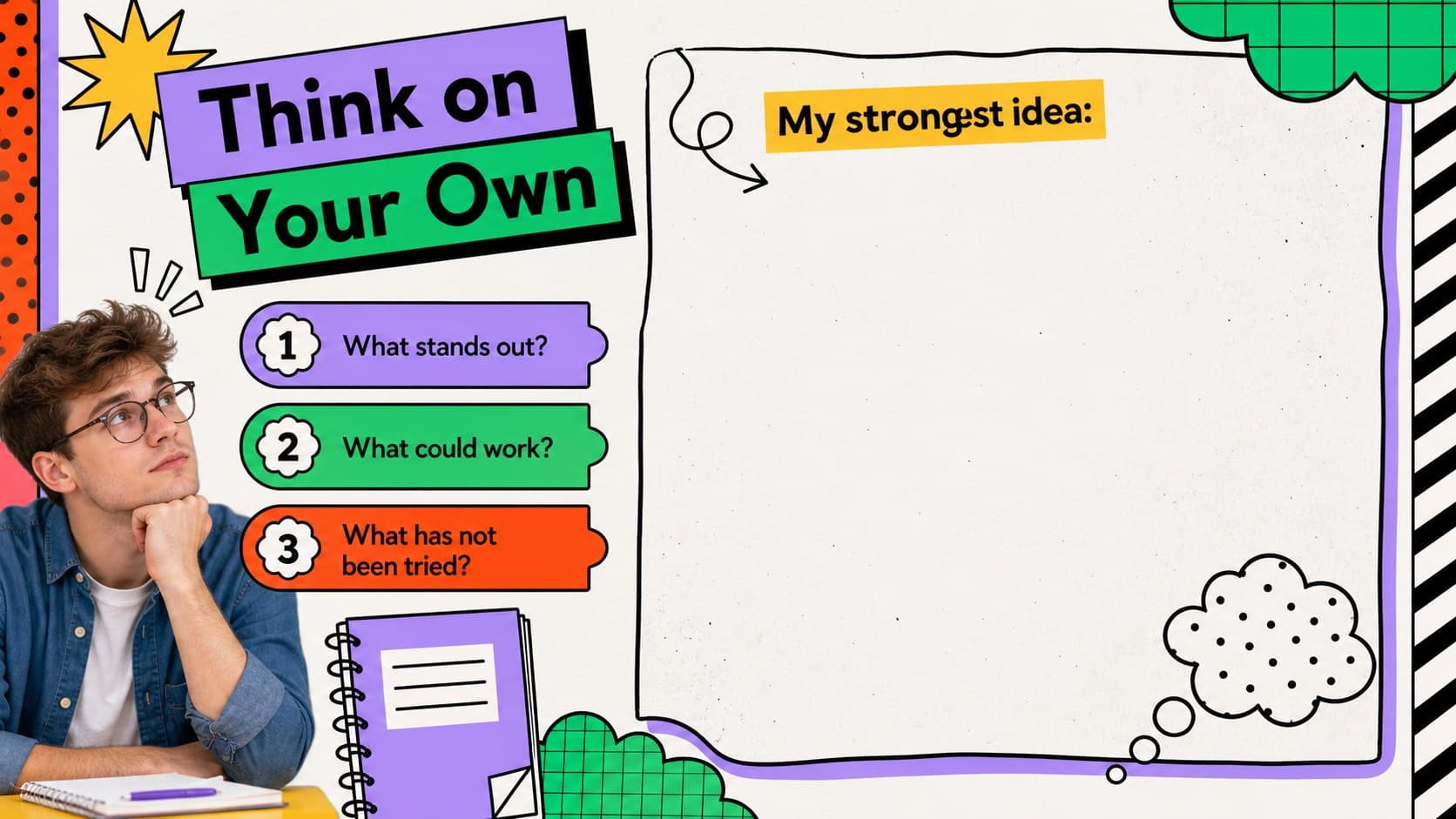 Bright idea generation deck slide with personal reflection prompts and writing space.