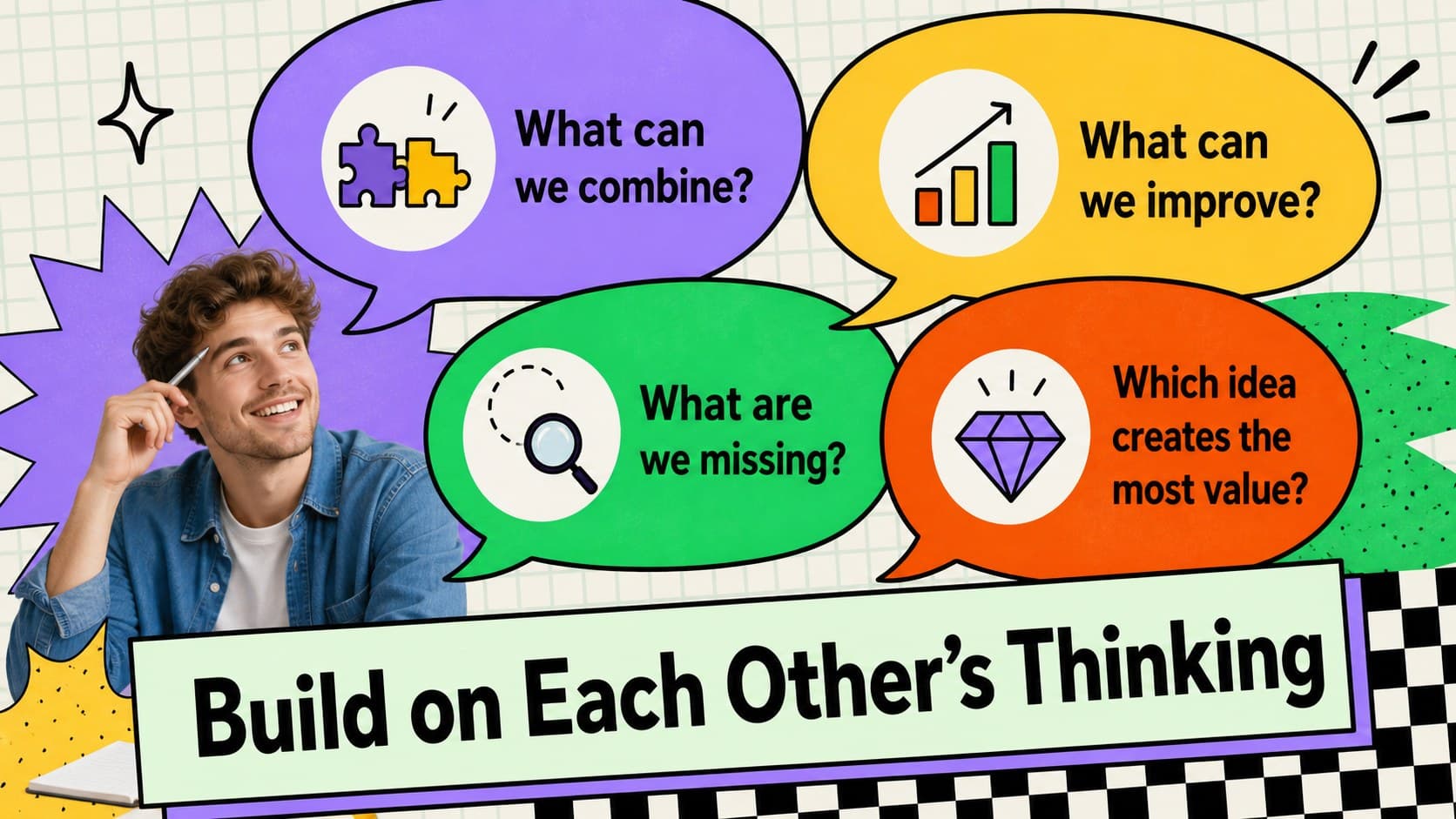 Playful group discussion slide with conversation questions for refining student ideas.