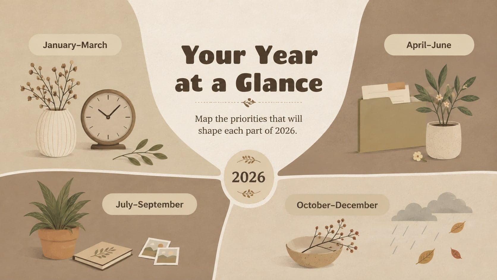 Beige and brown 2026 annual overview slide with priorities and seasonal planning areas.
