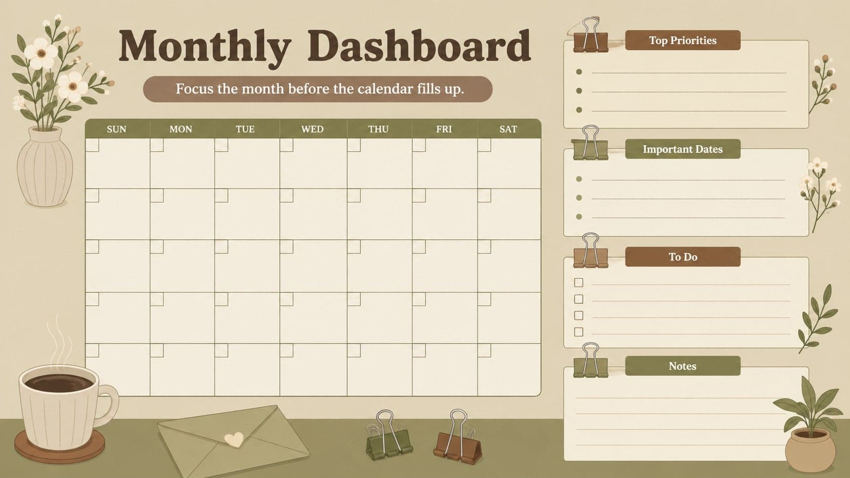 Illustrated monthly dashboard slide with schedule, goals, reminders, and notes.