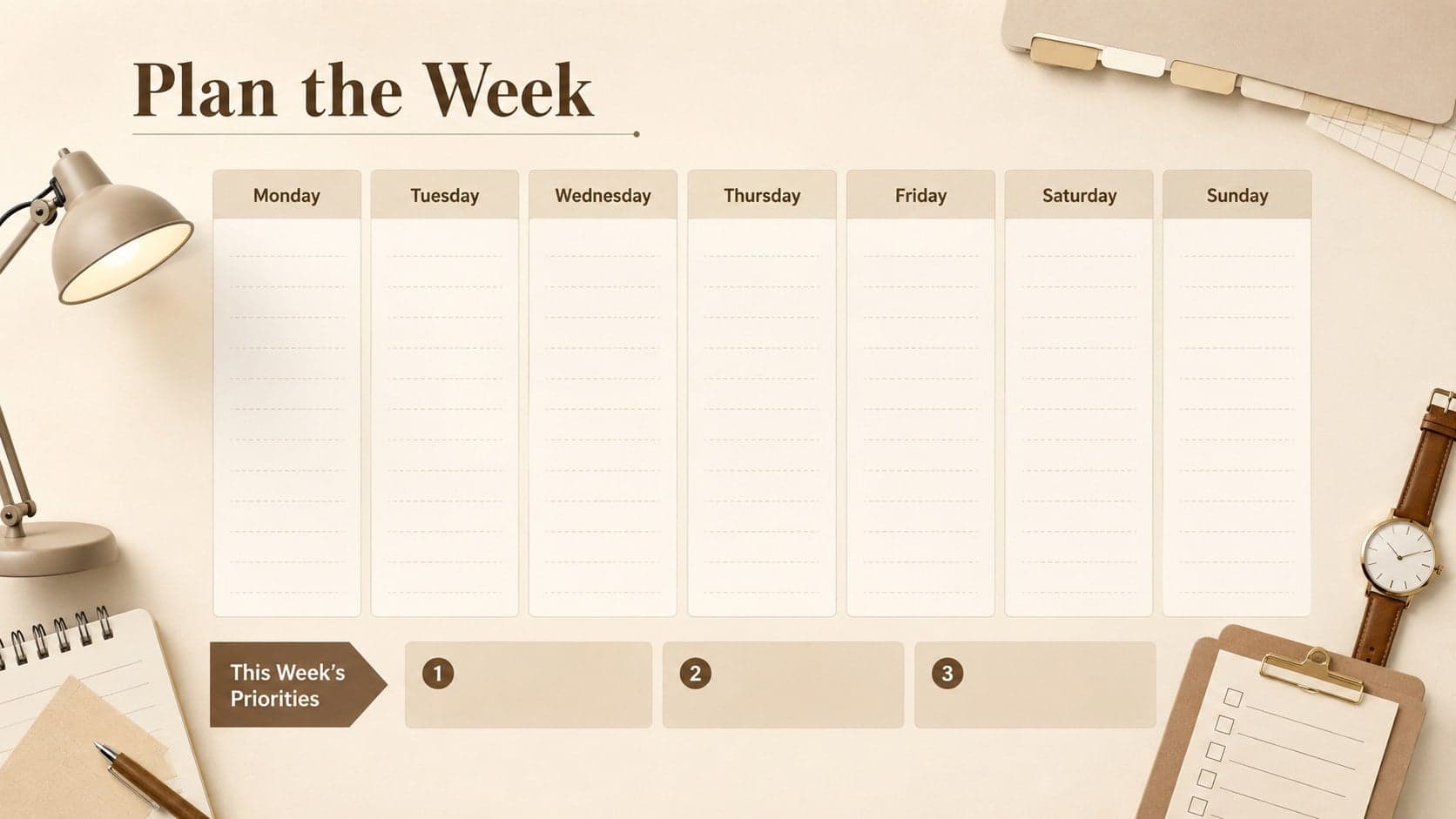 Illustrated weekly planning slide for scheduling priorities and daily tasks.