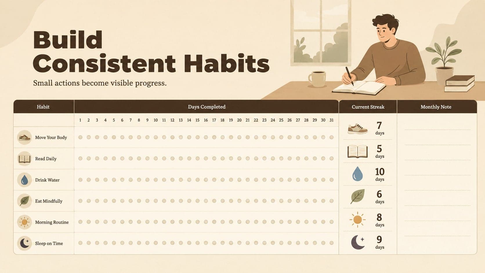 Brown and beige habit tracker slide with a monthly consistency grid.