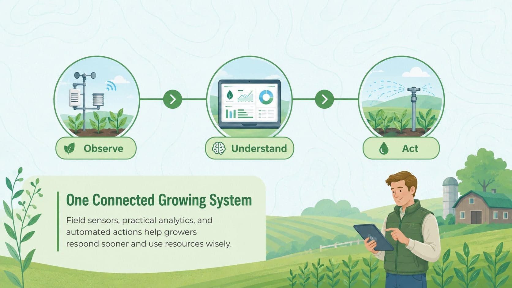 Smart farming solution overview with connected sensors, analytics, and automated actions.