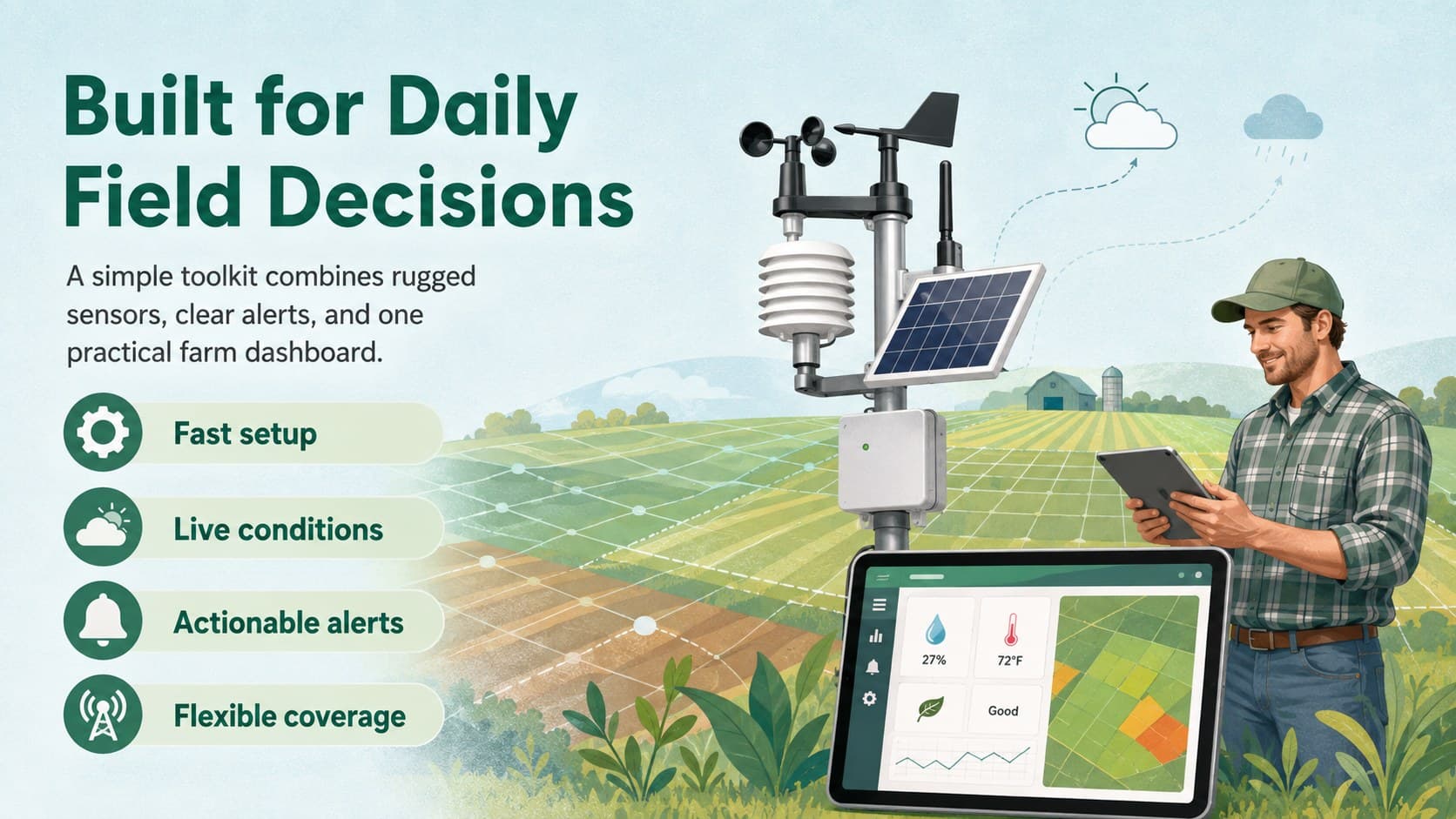 Precision agriculture product slide featuring a field sensor kit and farm analytics dashboard.