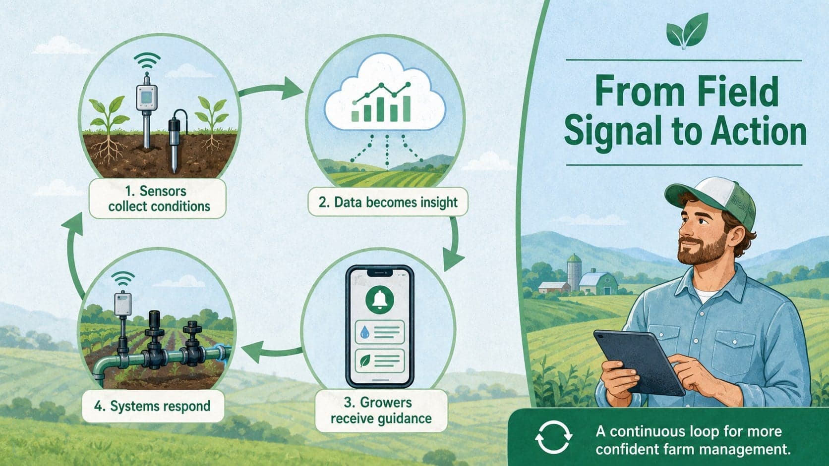 Smart farming workflow diagram connecting field data to recommendations and automated irrigation.