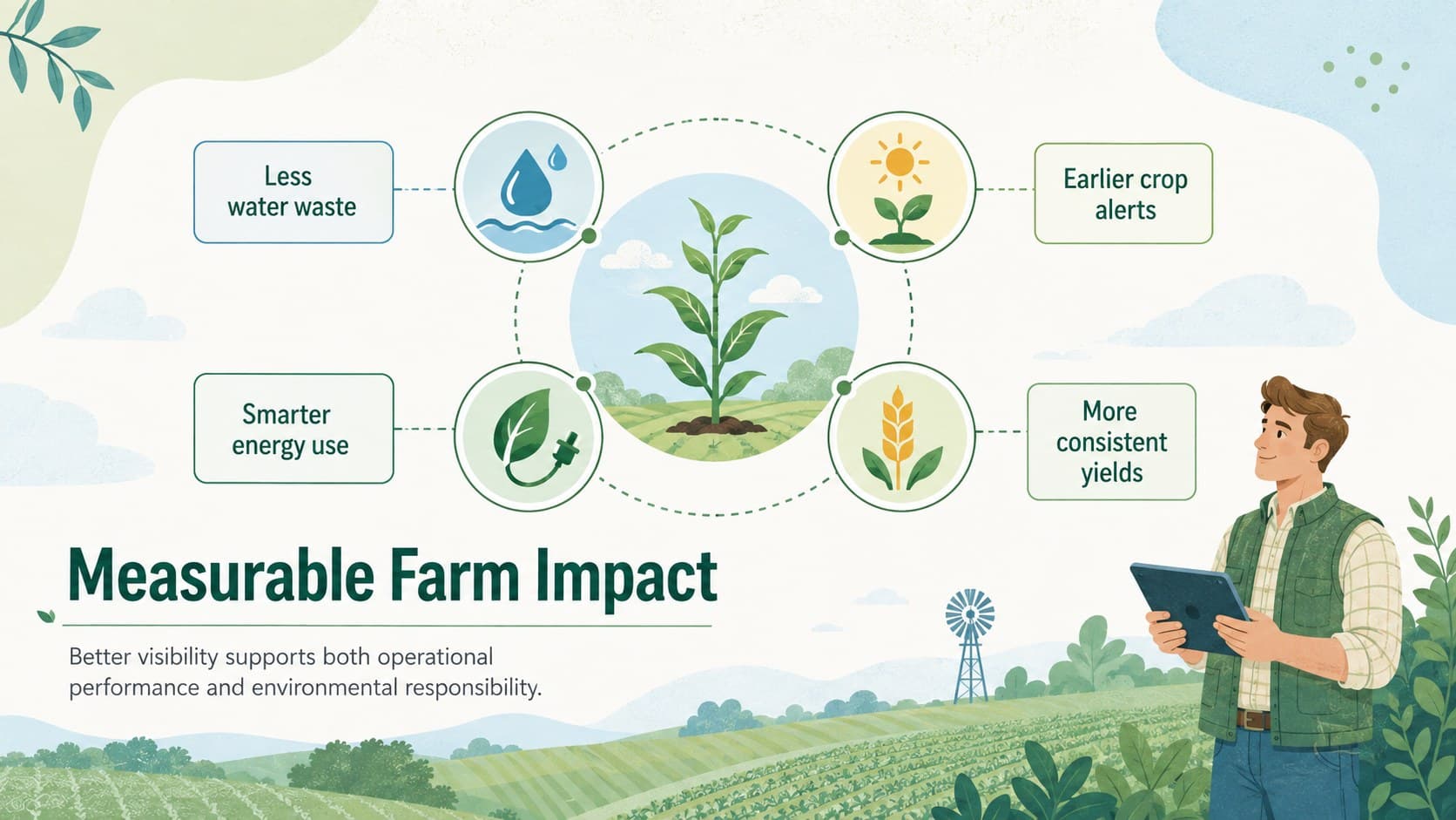 Sustainable farming impact slide with water, energy, crop health, and yield indicators.