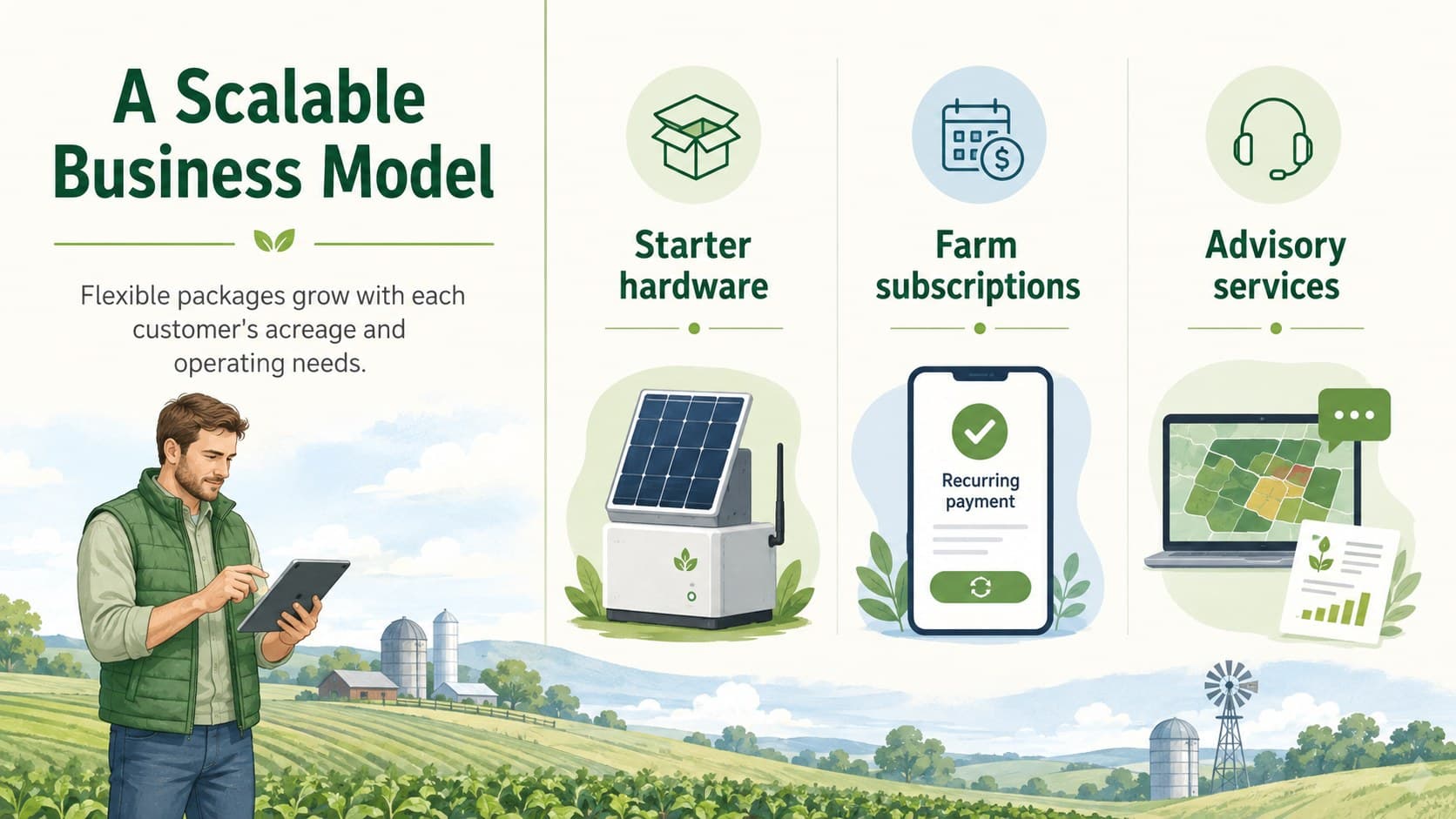 AgTech business model slide presenting subscription, hardware, and service revenue streams.
