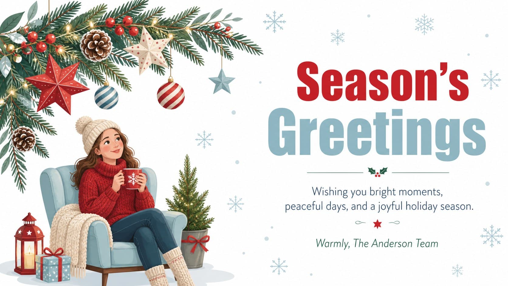 Editable Christmas card template for PowerPoint featuring a Season's Greetings message and fresh illustrated evergreen decorations.