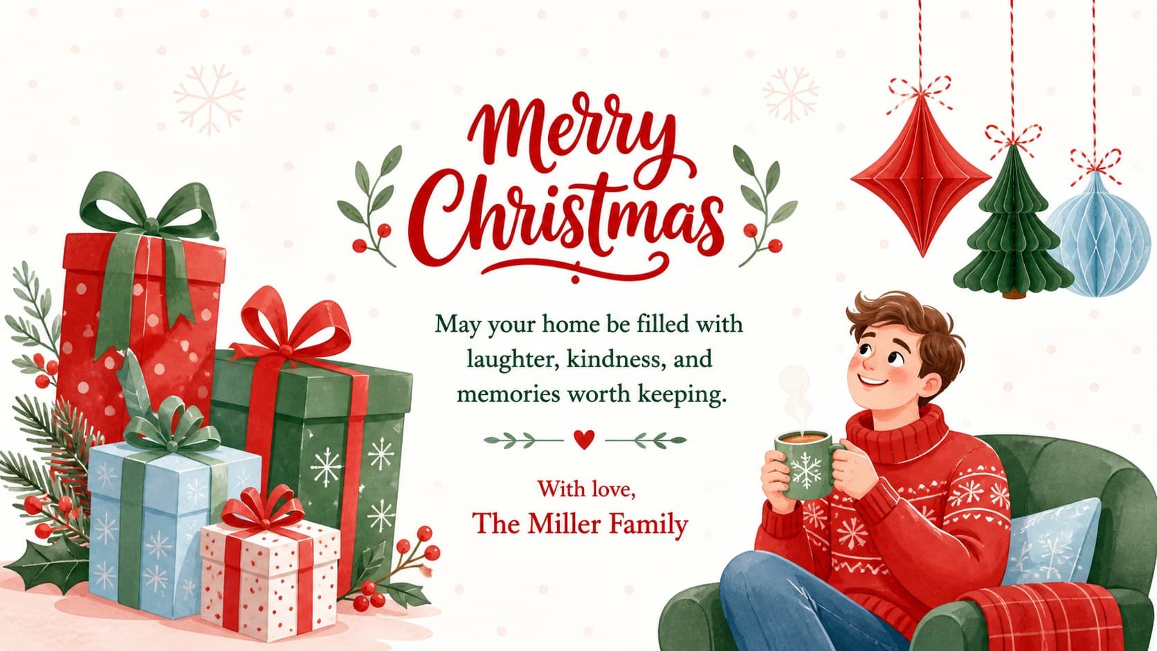 Christmas cards for Google Slides with a Merry Christmas greeting, original gift illustrations, and a spacious white layout.