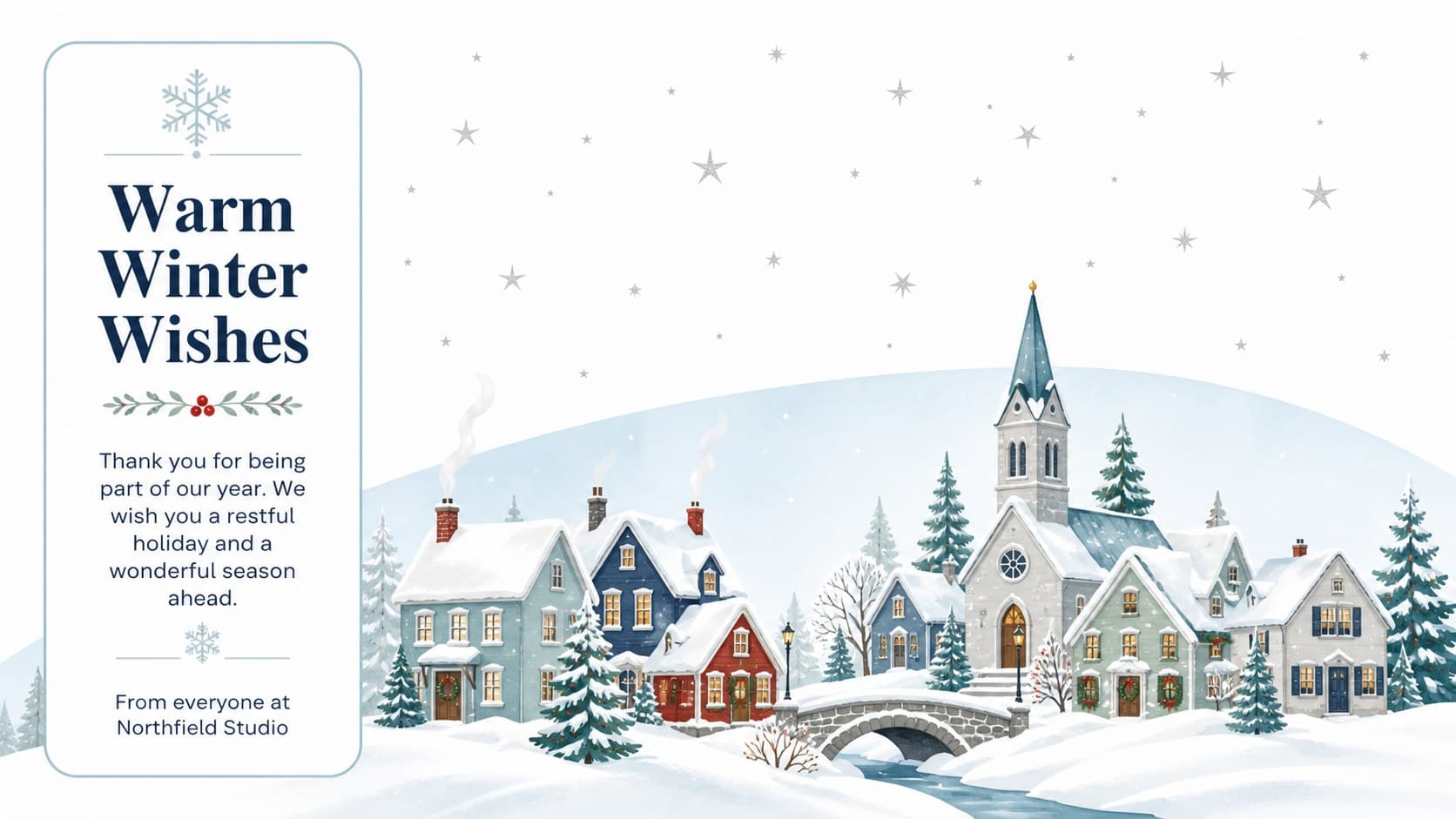 White illustrated holiday card slide displaying Warm Winter Wishes beside an original snowy village scene.