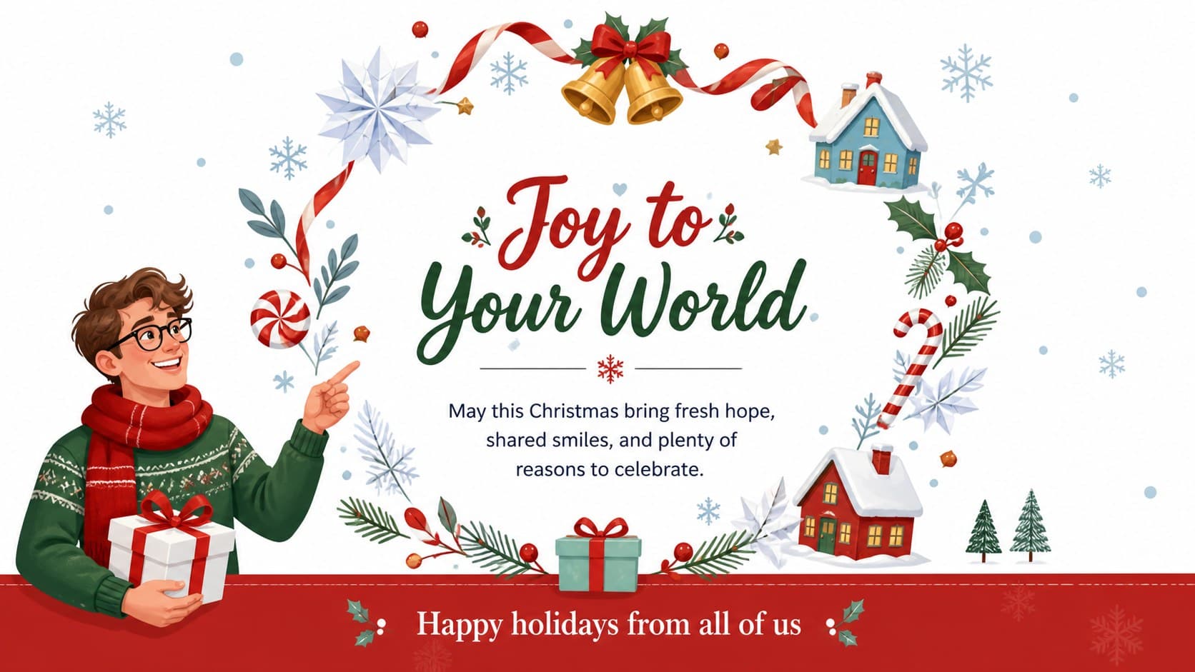 Festive client appreciation card template with a Joy to Your World message and playful white Christmas artwork.