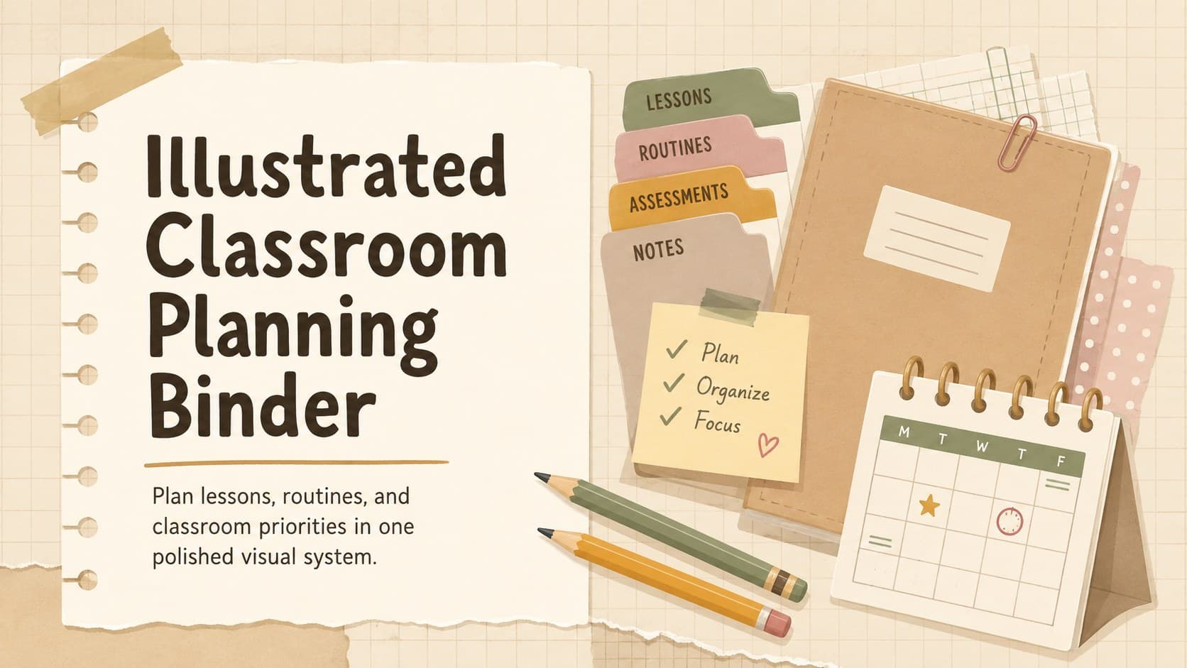 Cover of an illustrated classroom planning binder with warm beige paper textures and playful school supplies.