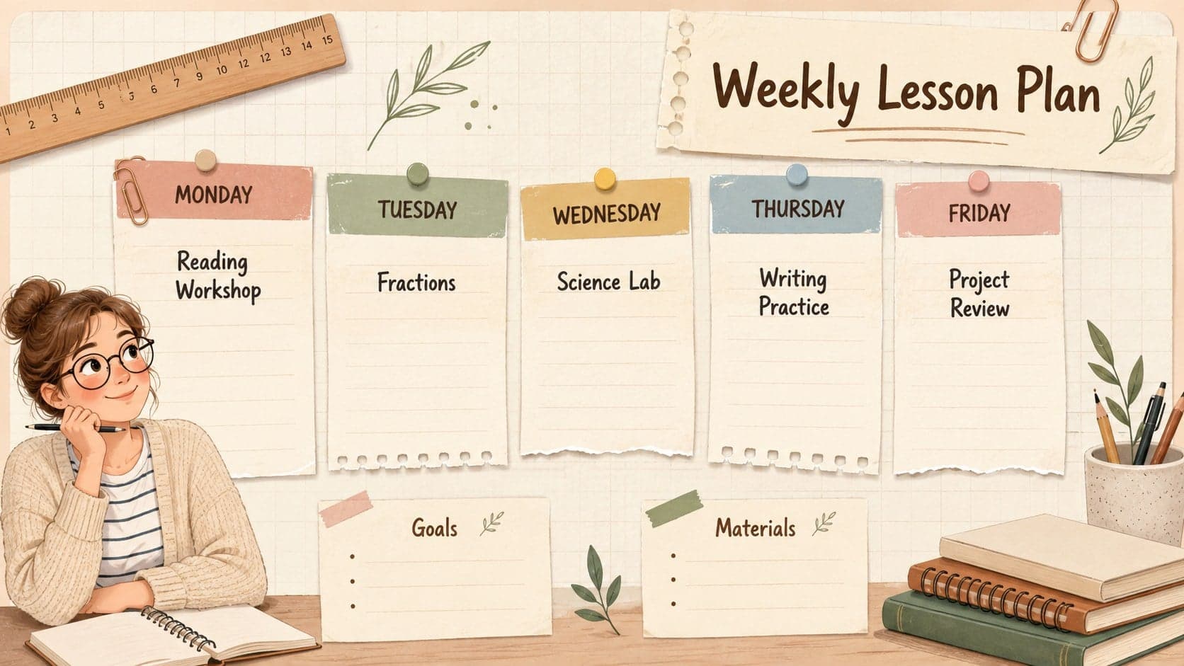 Illustrated lesson planning template with weekly subject blocks, goals, and preparation notes.
