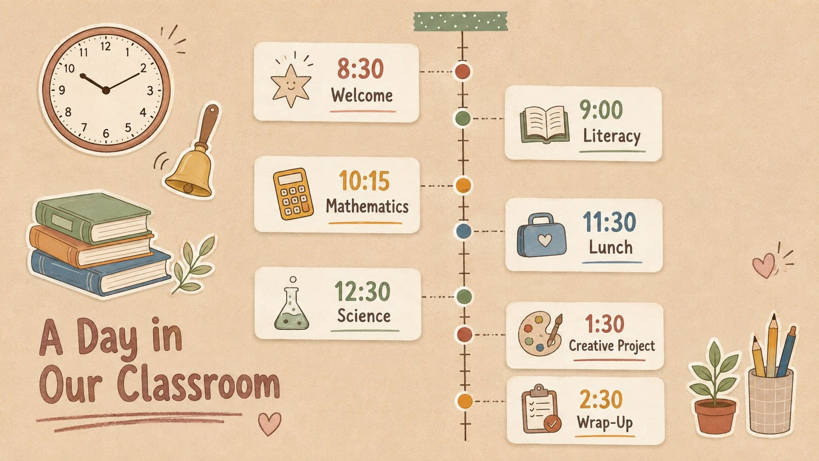 Teacher organization slide deck page featuring a structured daily classroom timetable.