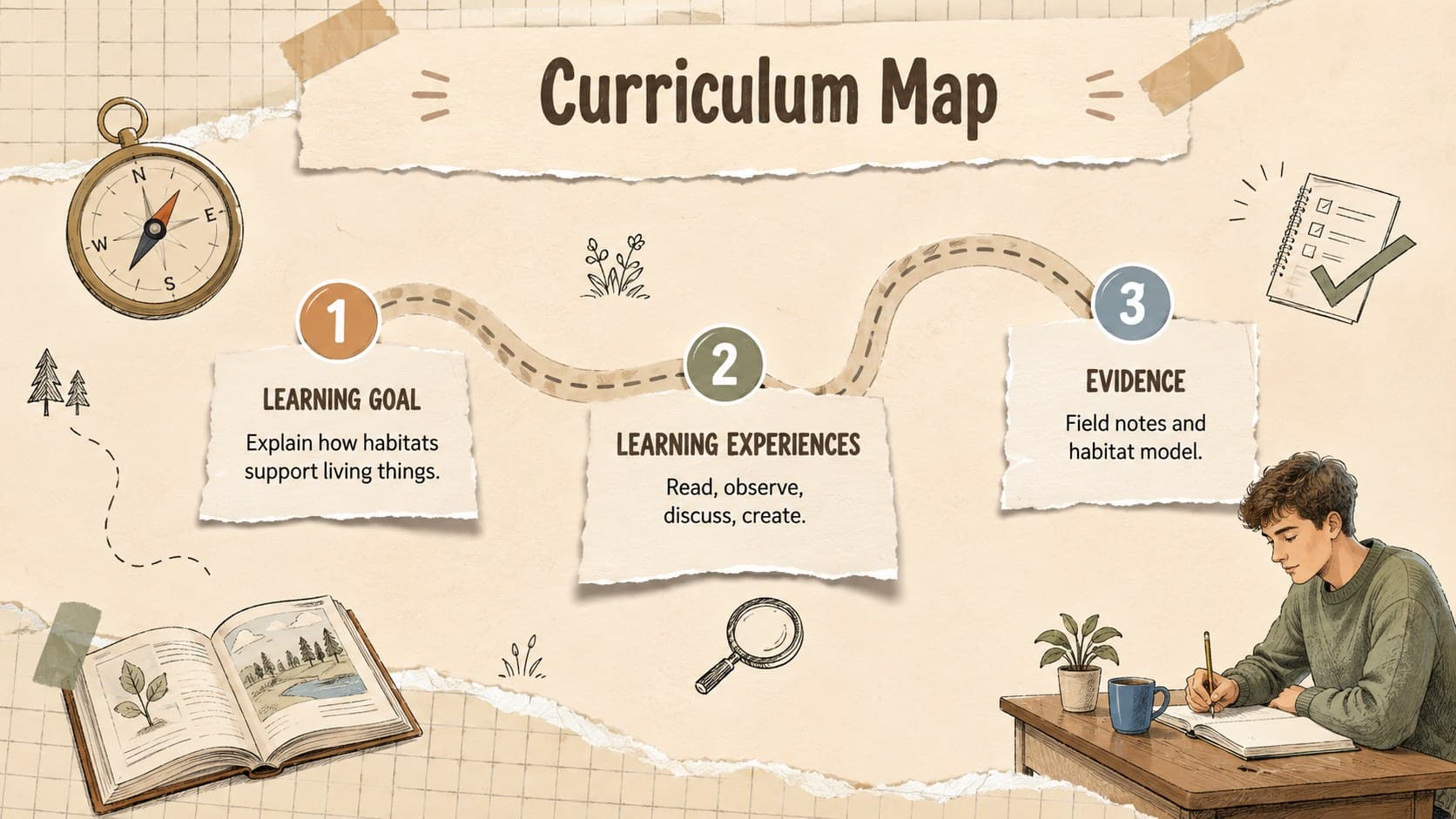 Digital curriculum planning binder slide mapping learning goals, activities, and evidence.