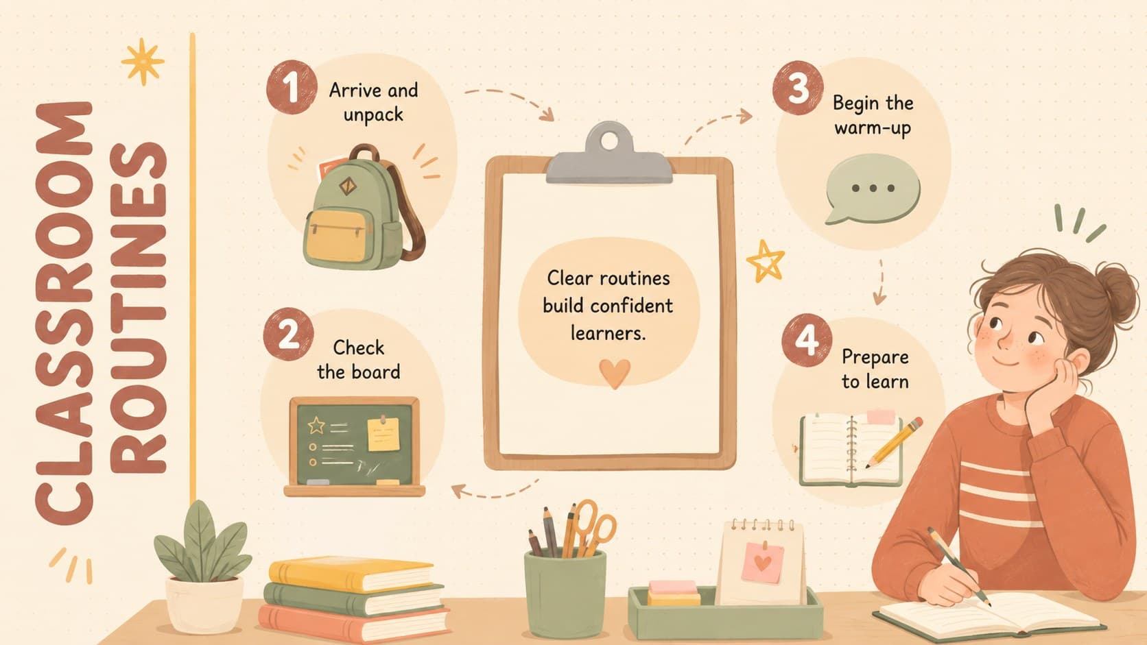 Classroom management planning slide with visual routine steps and simple teacher reminders.