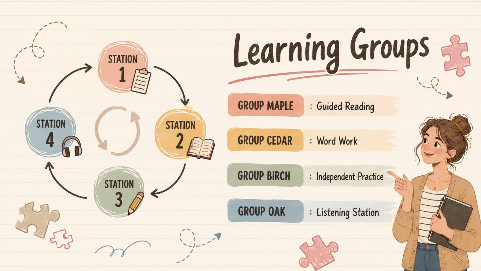 Illustrated classroom binder page organizing student groups and rotating learning stations.