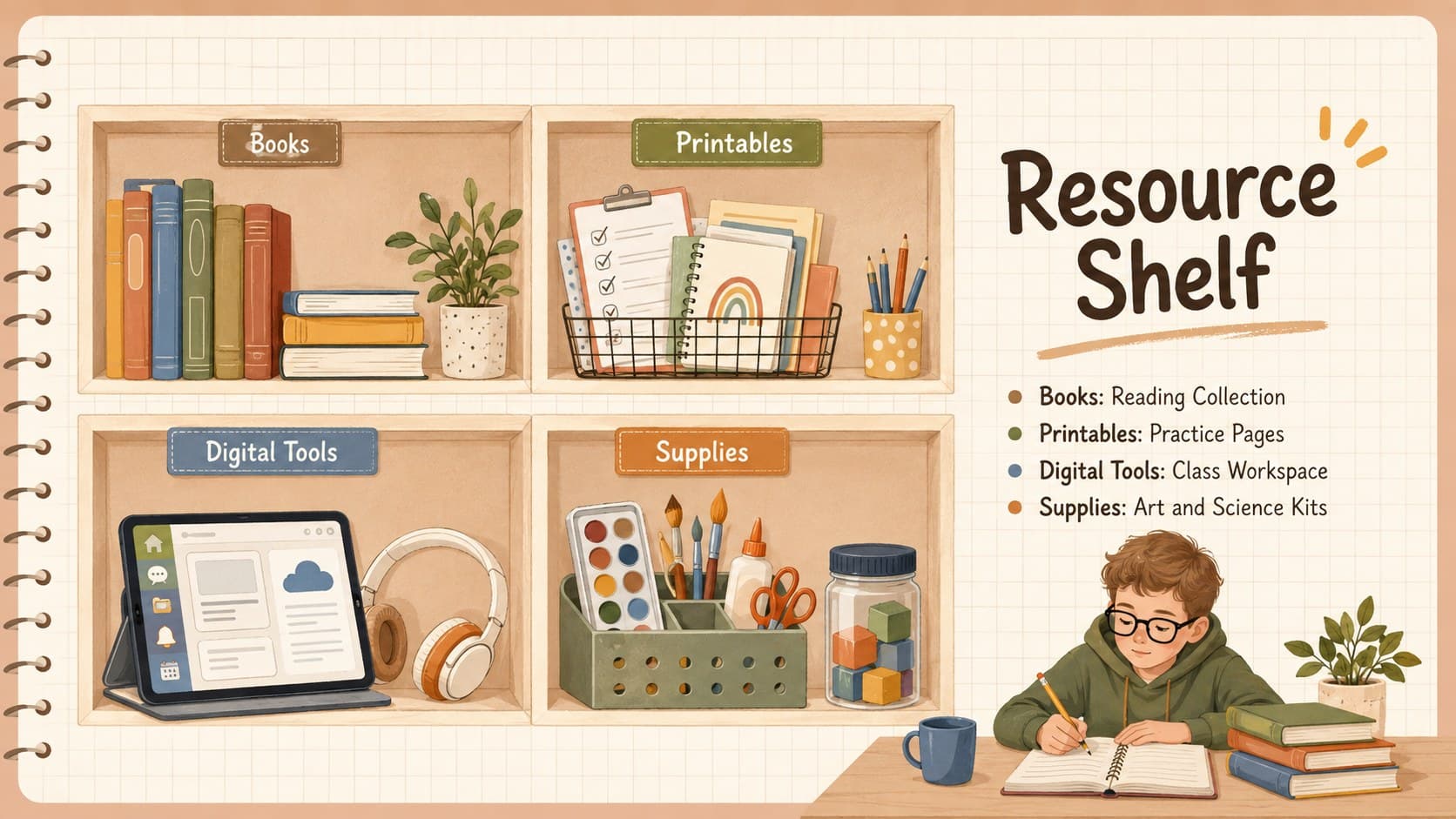 Editable digital teacher binder slide listing books, materials, links, and classroom tools.
