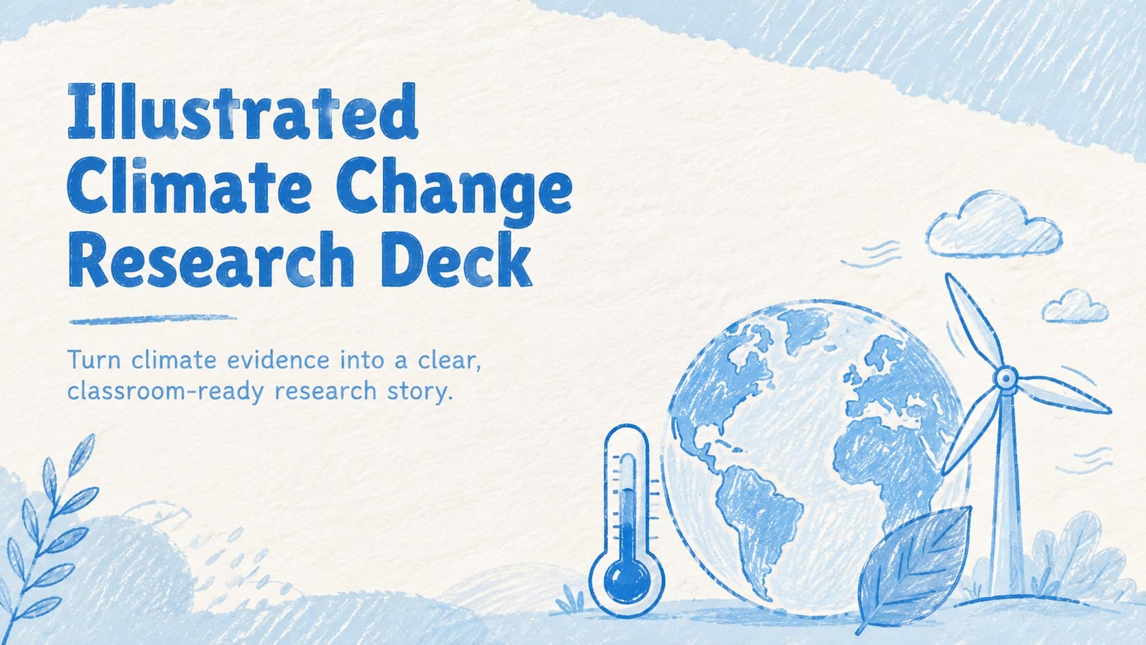 Cover of the Illustrated Climate Change Research Deck with pastel blue hand-drawn environmental graphics.