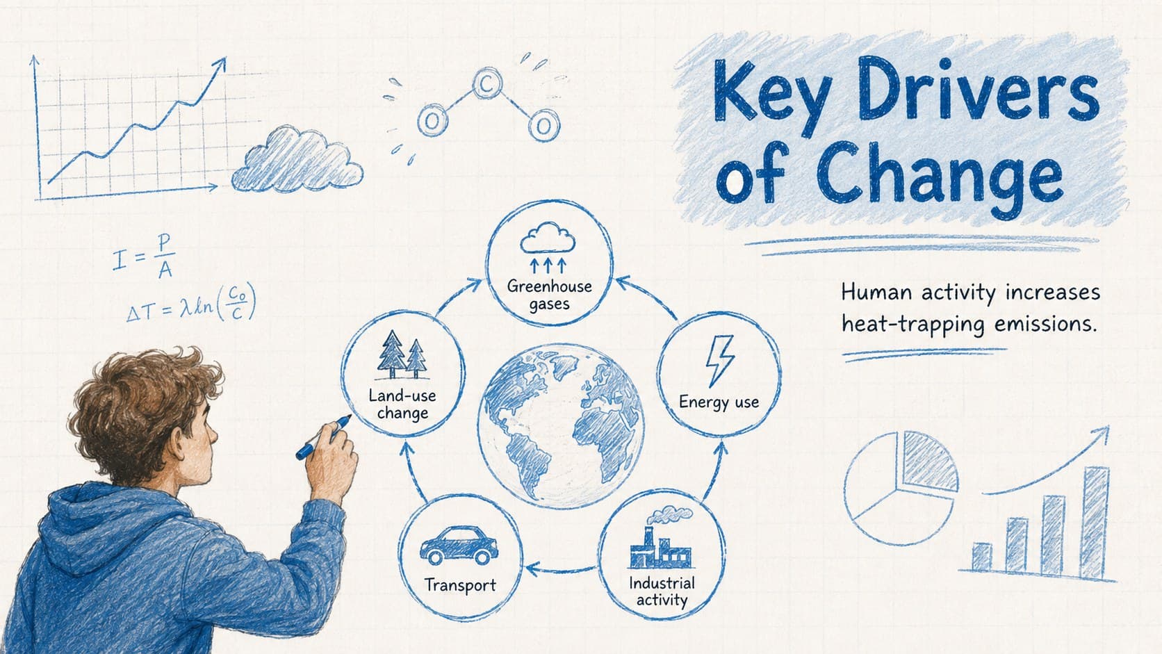 Hand-drawn climate research slide mapping greenhouse gases, land use, and energy as key drivers.