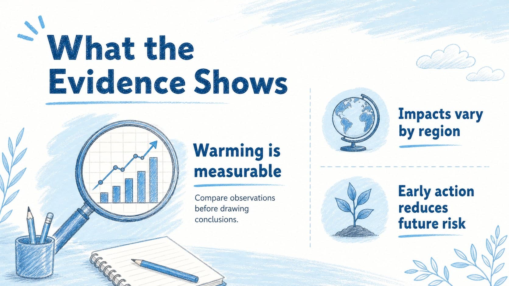 Environmental science findings presentation slide with three illustrated research conclusions.