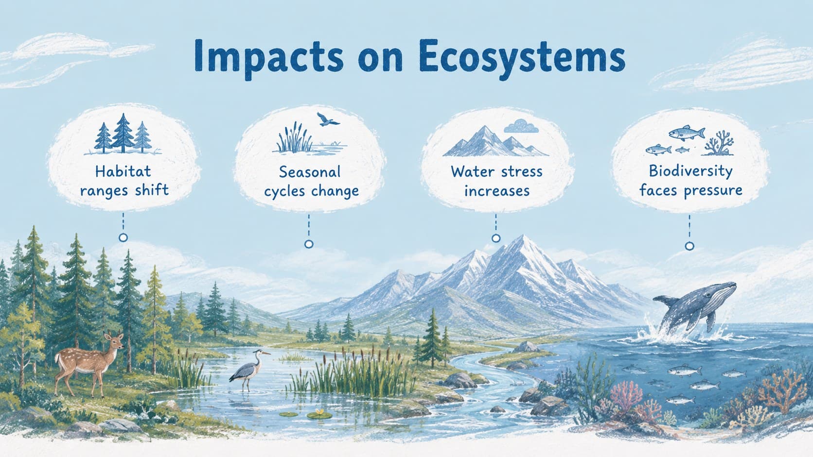 Illustrated global warming research slide showing ecosystem impacts across land and water.