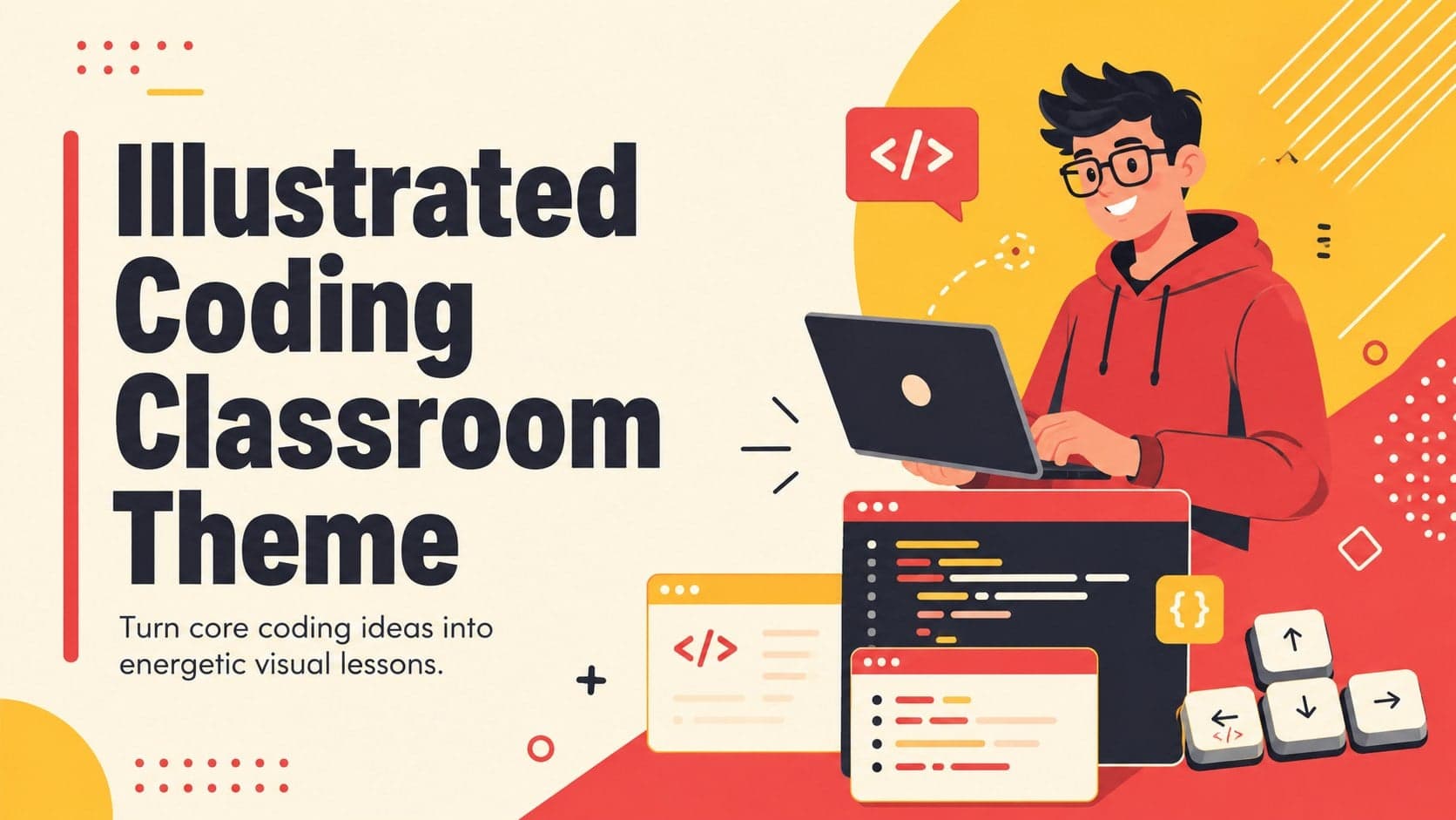Cover of an illustrated coding classroom theme with bold yellow, beige, and red technology graphics.