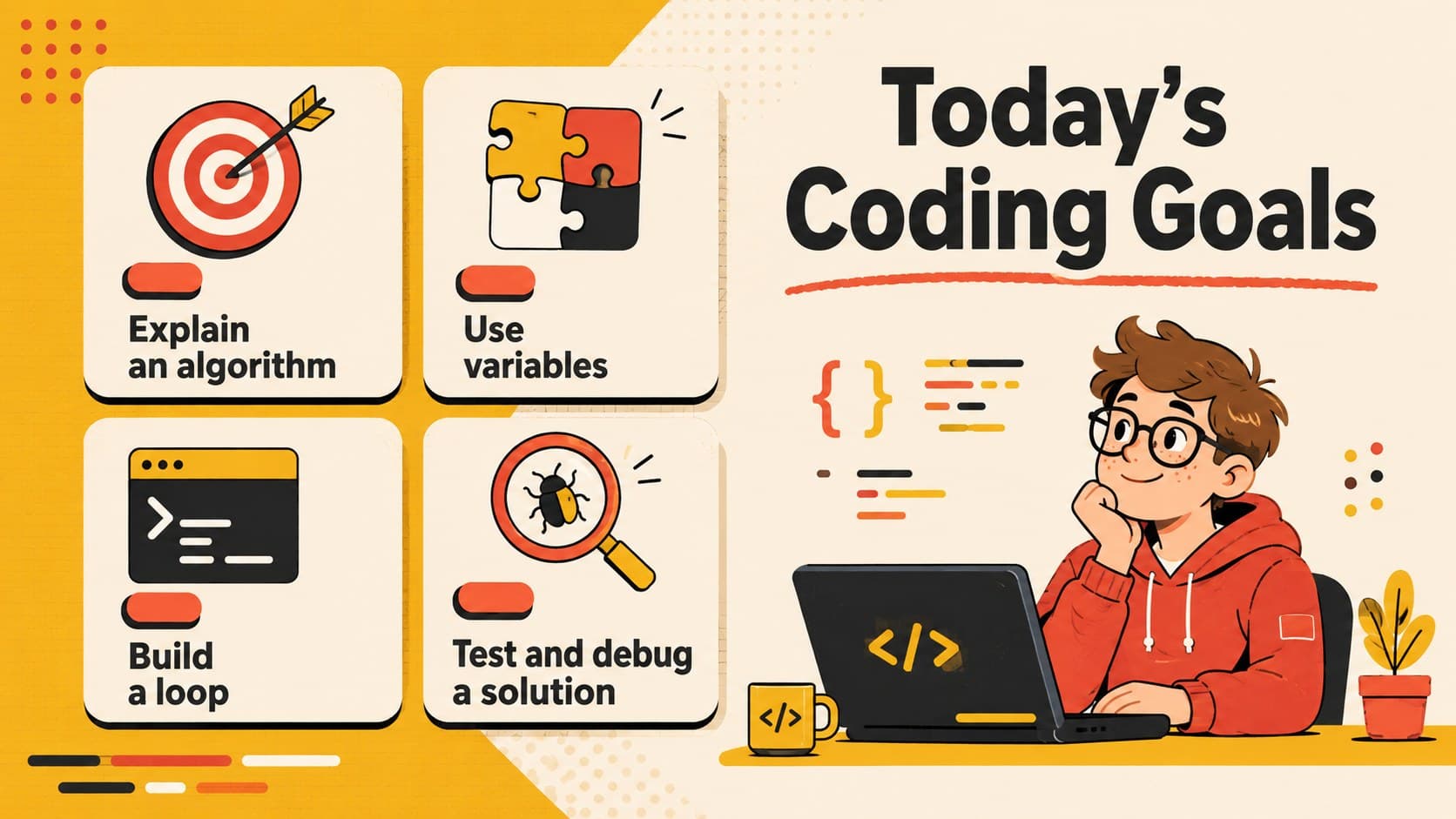 Coding lesson objectives slide outlining algorithms, variables, loops, and debugging skills.