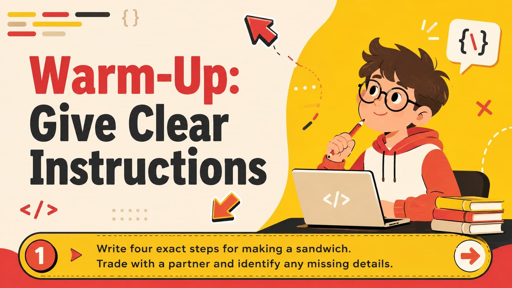 Visual coding lesson presentation slide featuring a warm-up activity about everyday instructions.