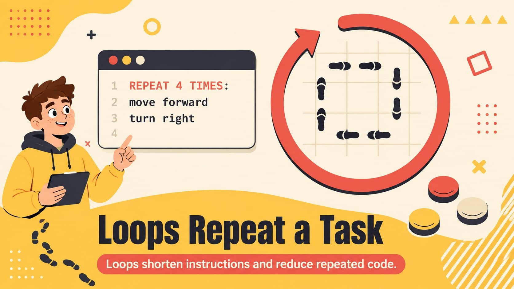 Illustrated coding classroom theme slide visualizing how loops repeat instructions efficiently.