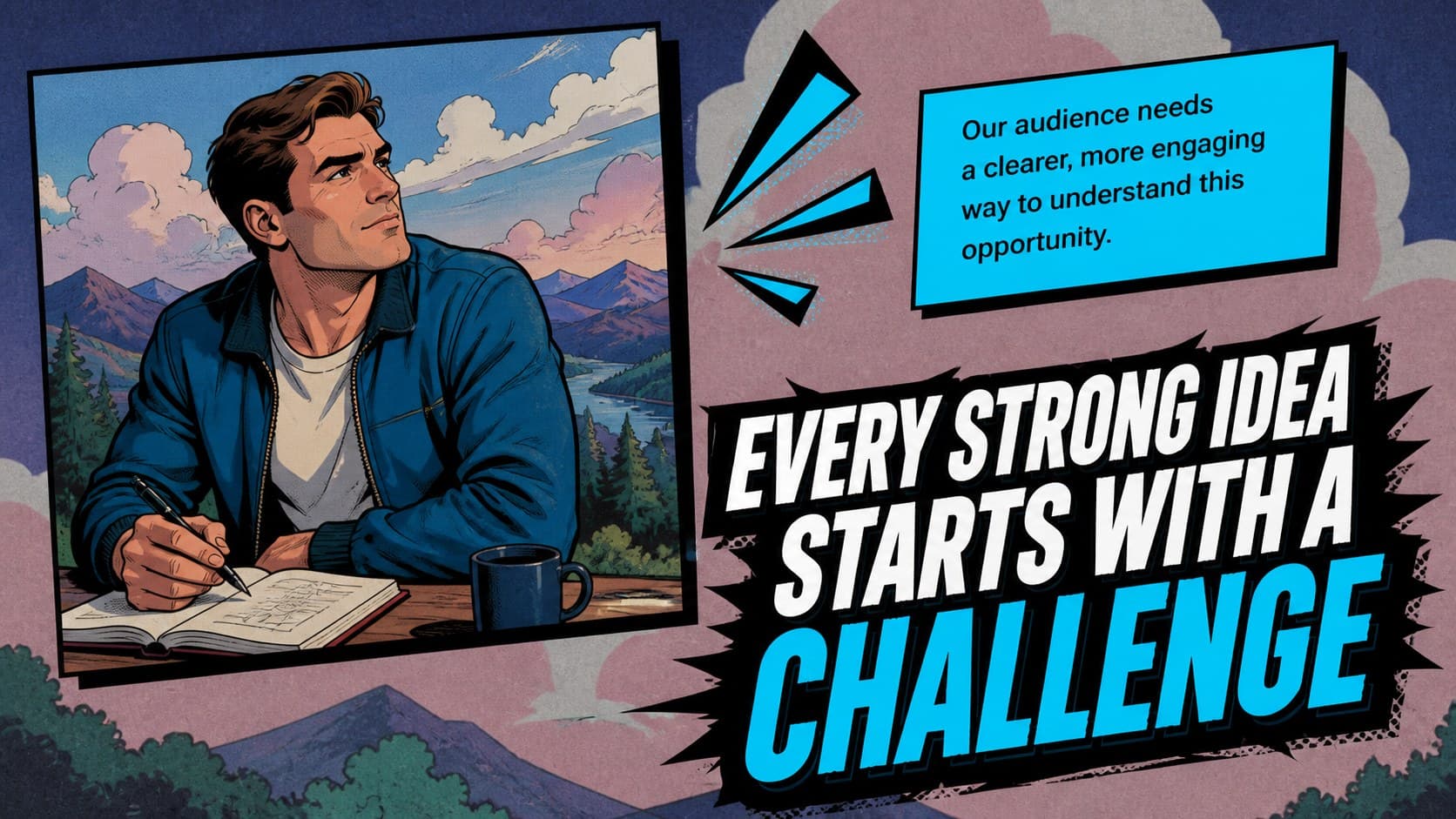 Project opportunity slide showing a visual challenge statement in a blue illustrated presentation layout.