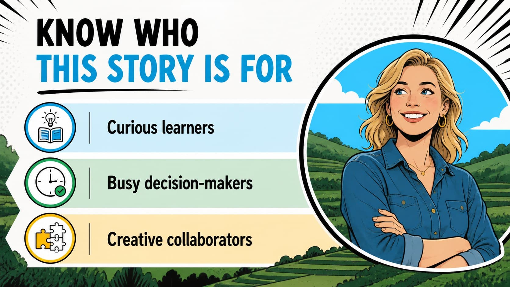 Audience profile slide for a creative campaign concept with illustrated demographic and interest panels.