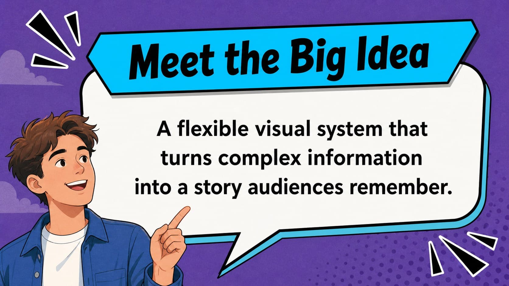 Concept reveal slide presenting a comic-inspired project idea with expressive blue illustration.