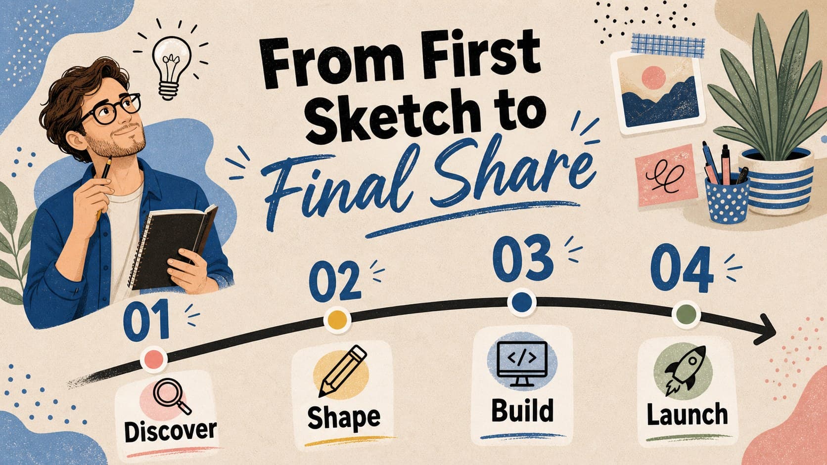 Workflow timeline slide mapping creative project stages from discovery to launch with bold blue accents.