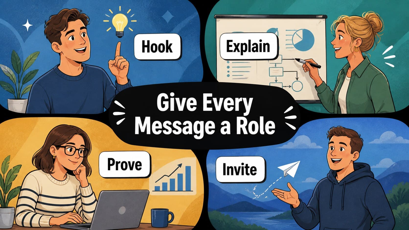 Content strategy slide organizing project messages into a colorful comic-panel grid.
