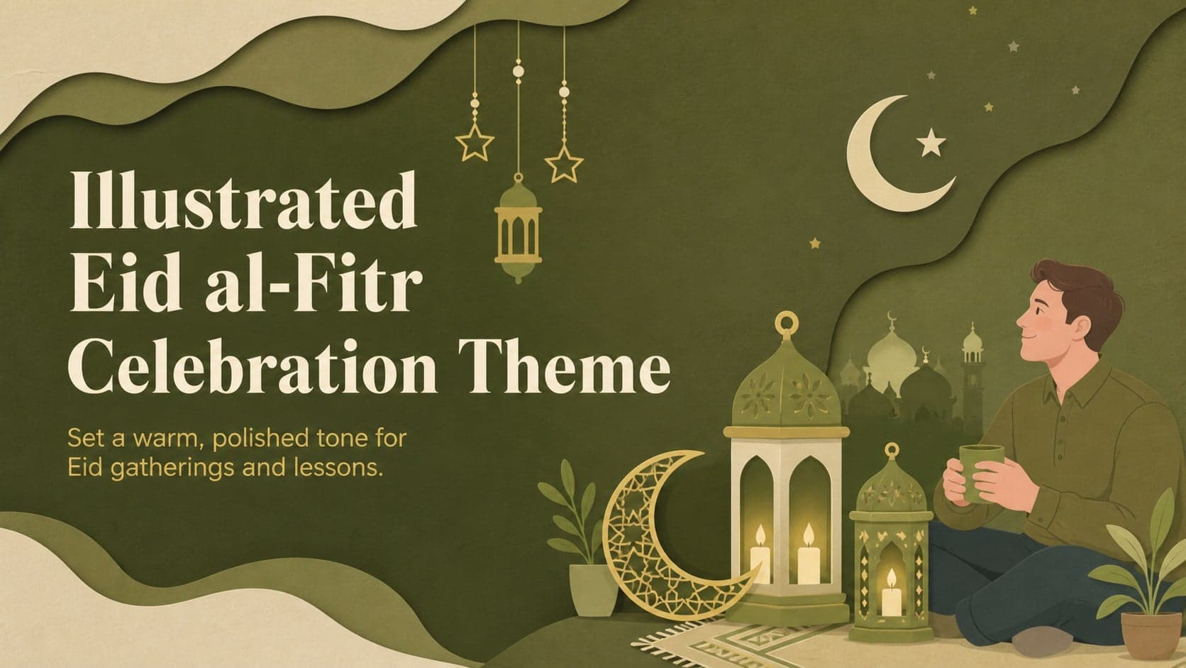 Cover of the Illustrated Eid al-Fitr Celebration Theme with festive green botanical and lantern artwork.
