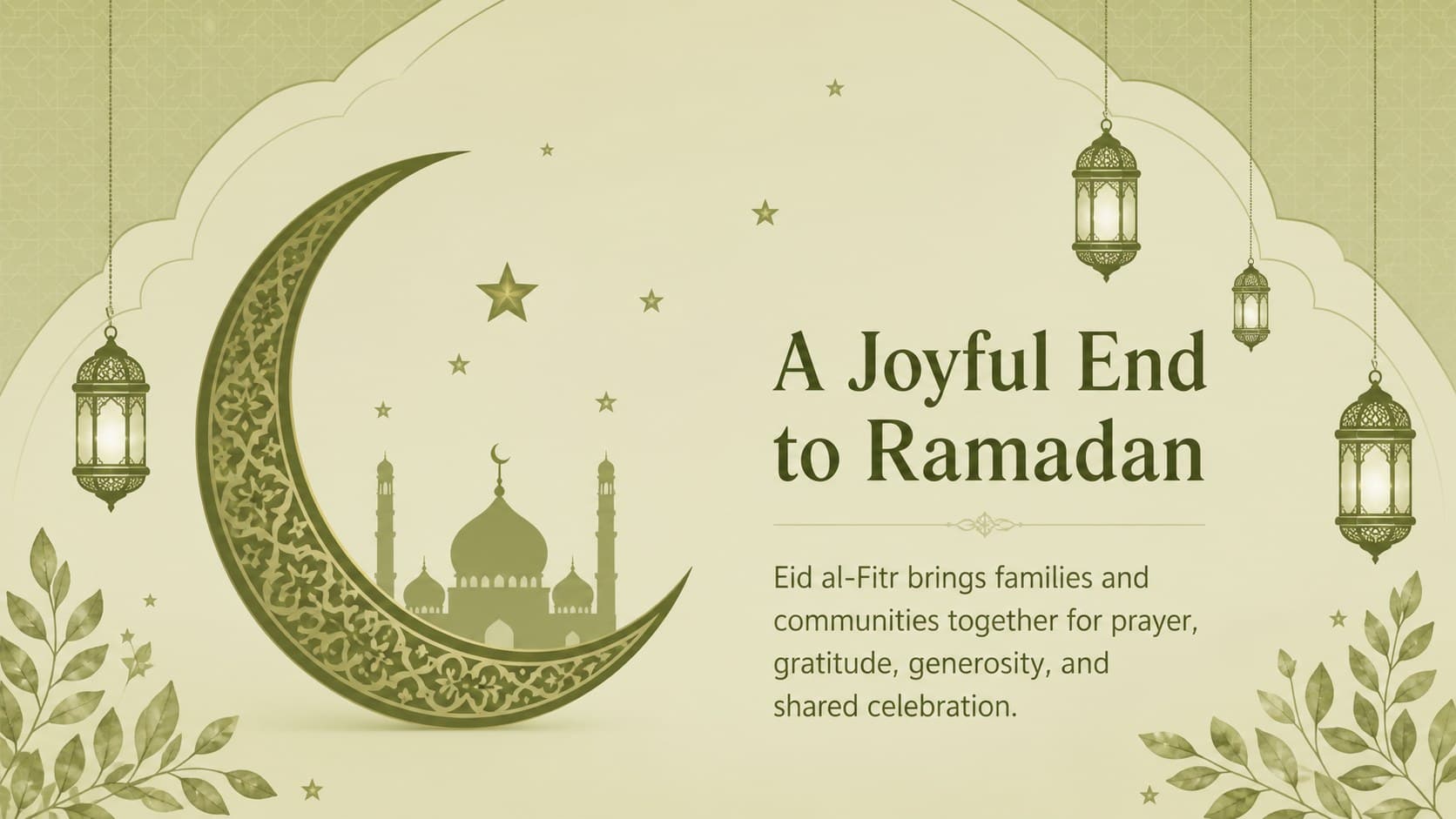 Eid al-Fitr introduction slide with an illustrated crescent, lanterns, and concise holiday description.