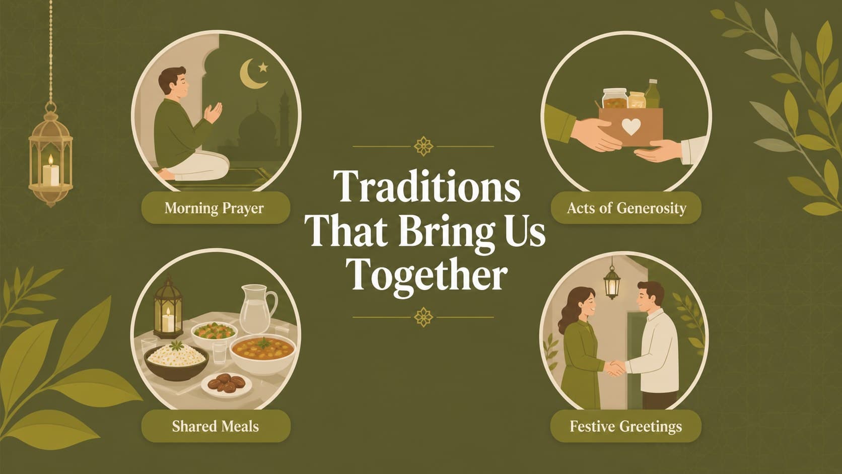Illustrated Eid traditions slide highlighting prayer, generosity, shared meals, and greetings.