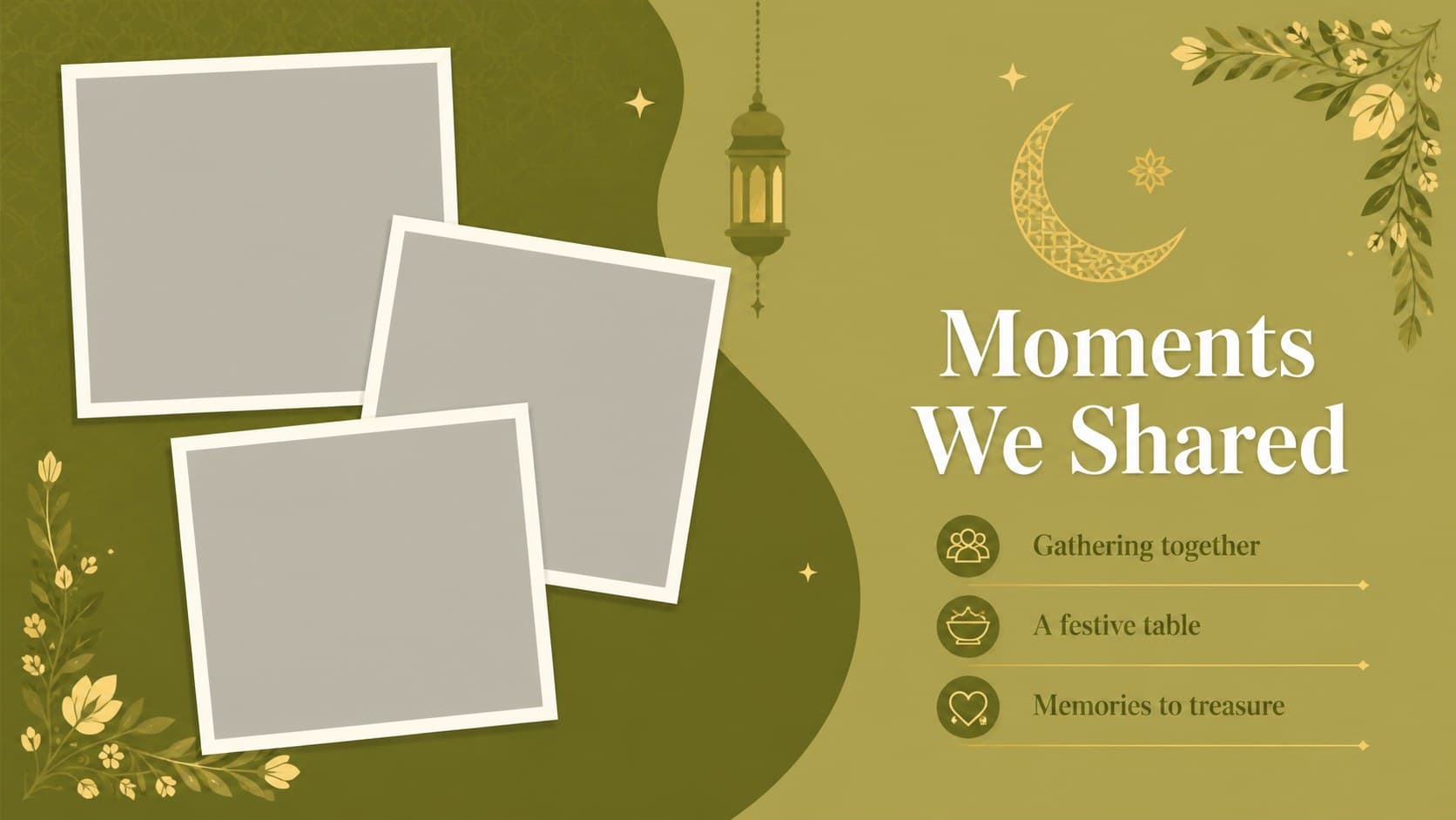Illustrated Eid family gathering slideshow layout with three photo placeholders and captions.