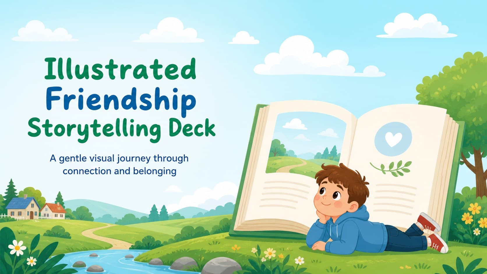 Blue and green illustrated cover introducing an illustrated friendship storytelling deck.