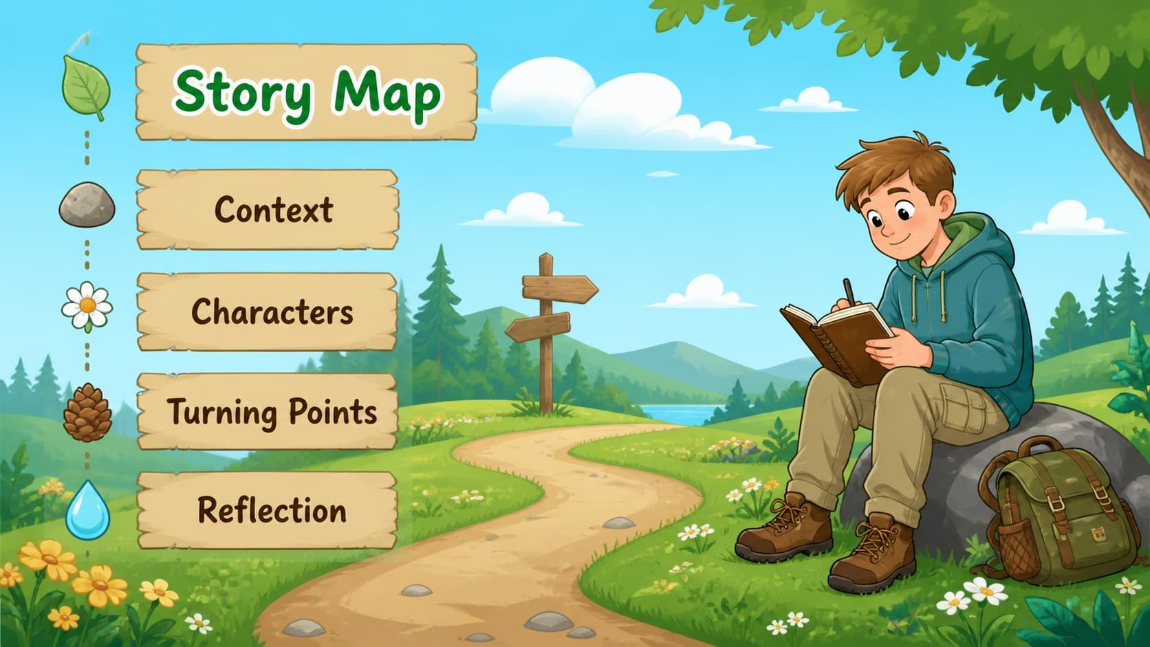 Illustrated agenda slide outlining the chapters of a friendship story presentation.