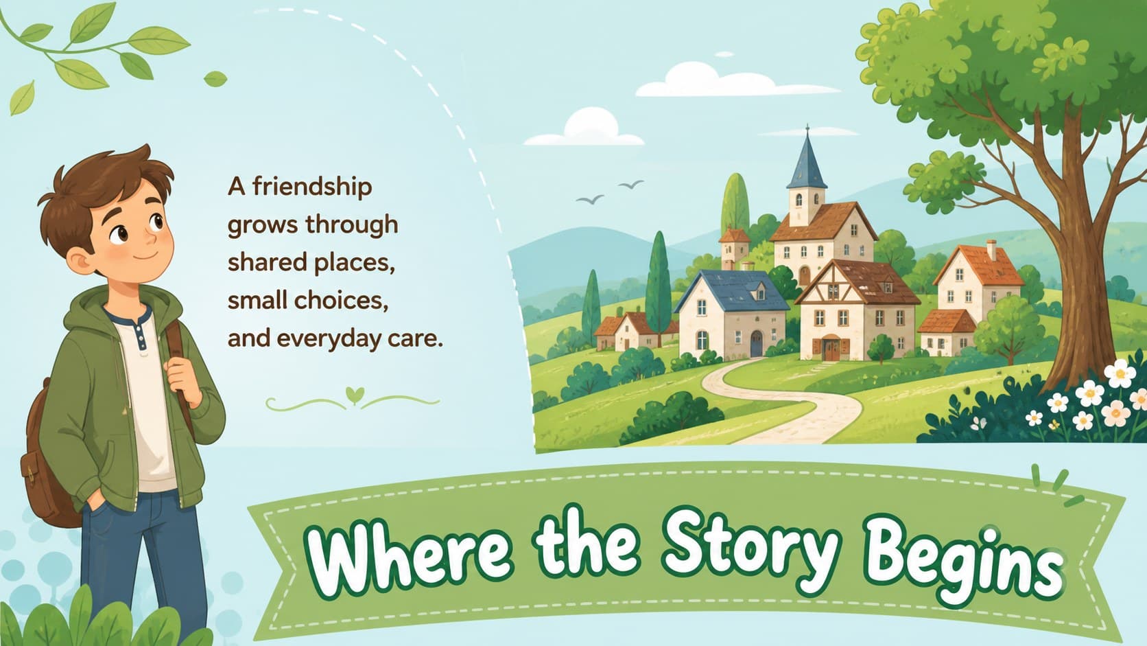 Story context slide with blue and green illustrations for a picture book discussion.