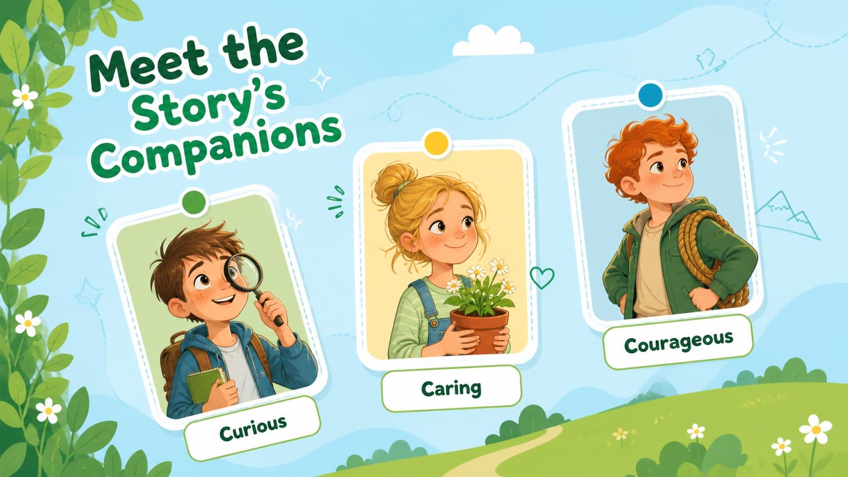Character introduction slide for an illustrated friendship presentation.