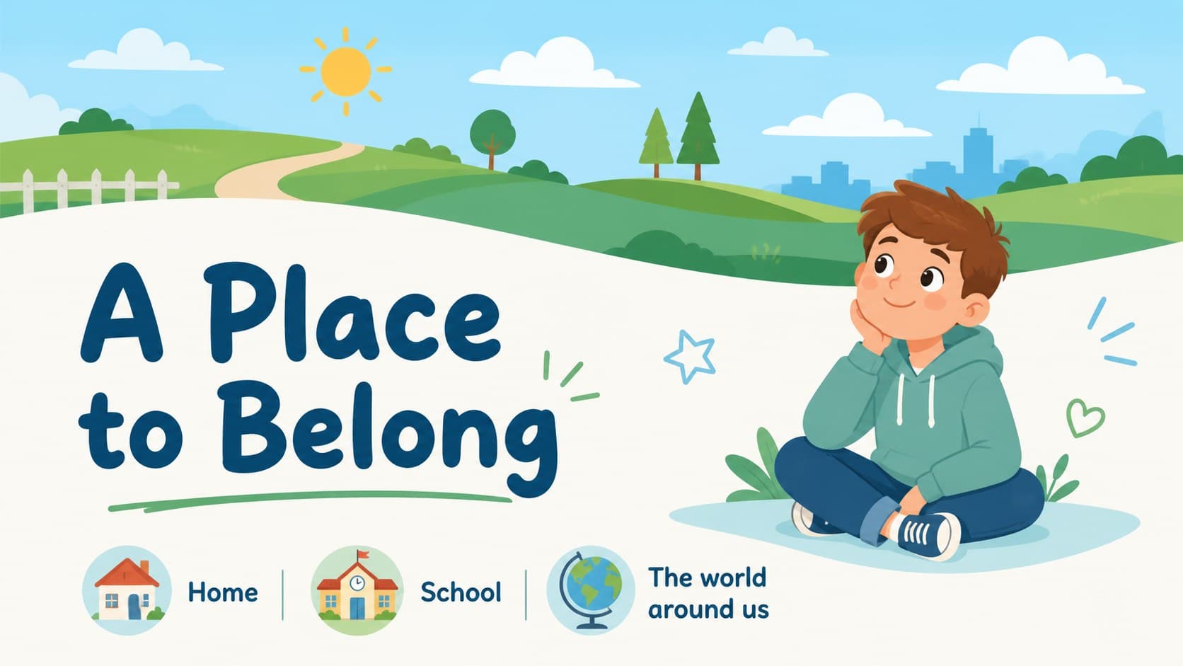 Story setting slide showing an illustrated natural environment in blue and green.