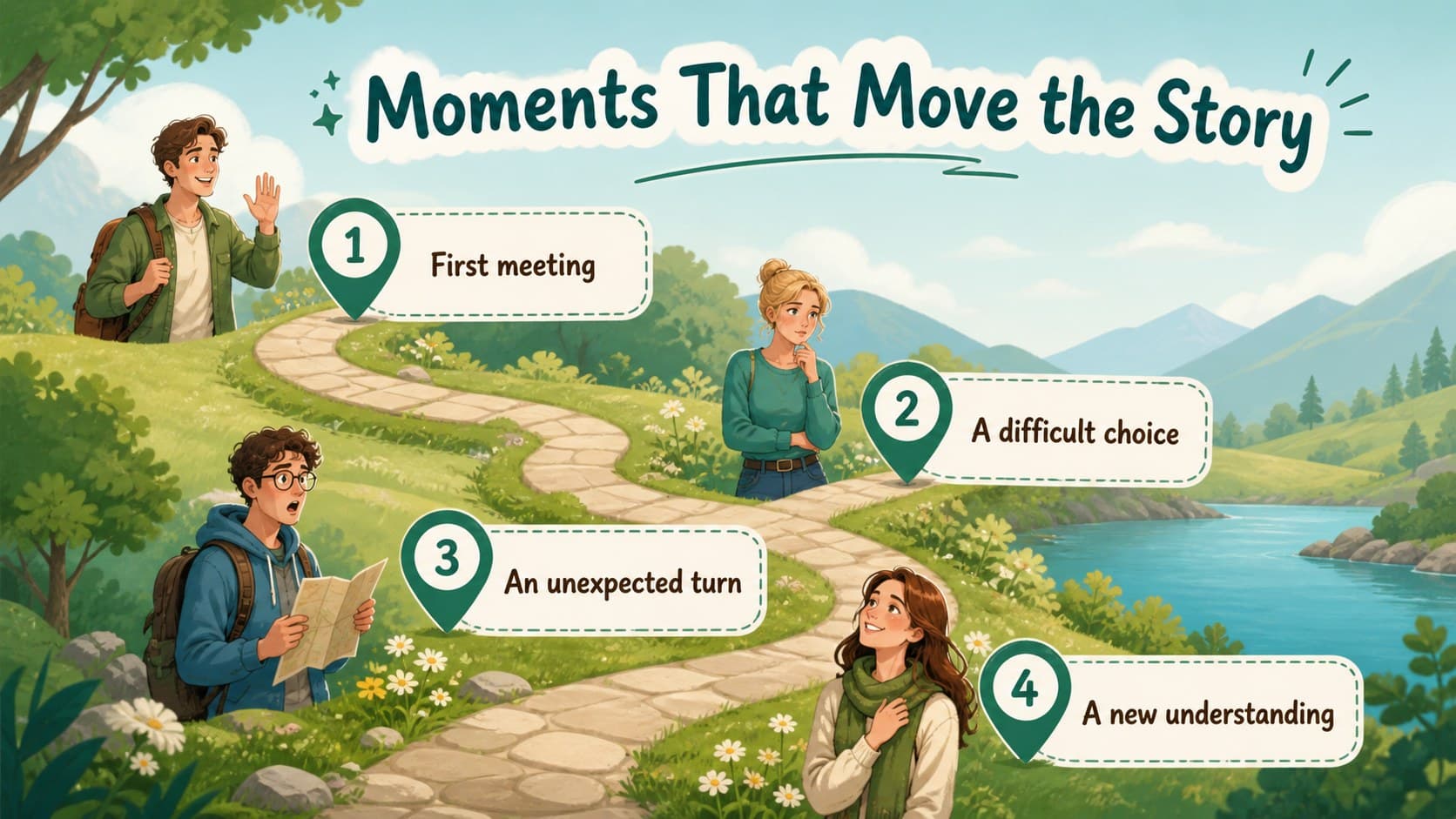 Key events slide arranging friendship story moments along an illustrated path.
