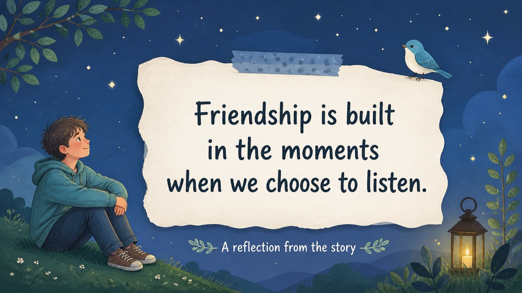Quote highlight slide featuring a reflective message about friendship and belonging.