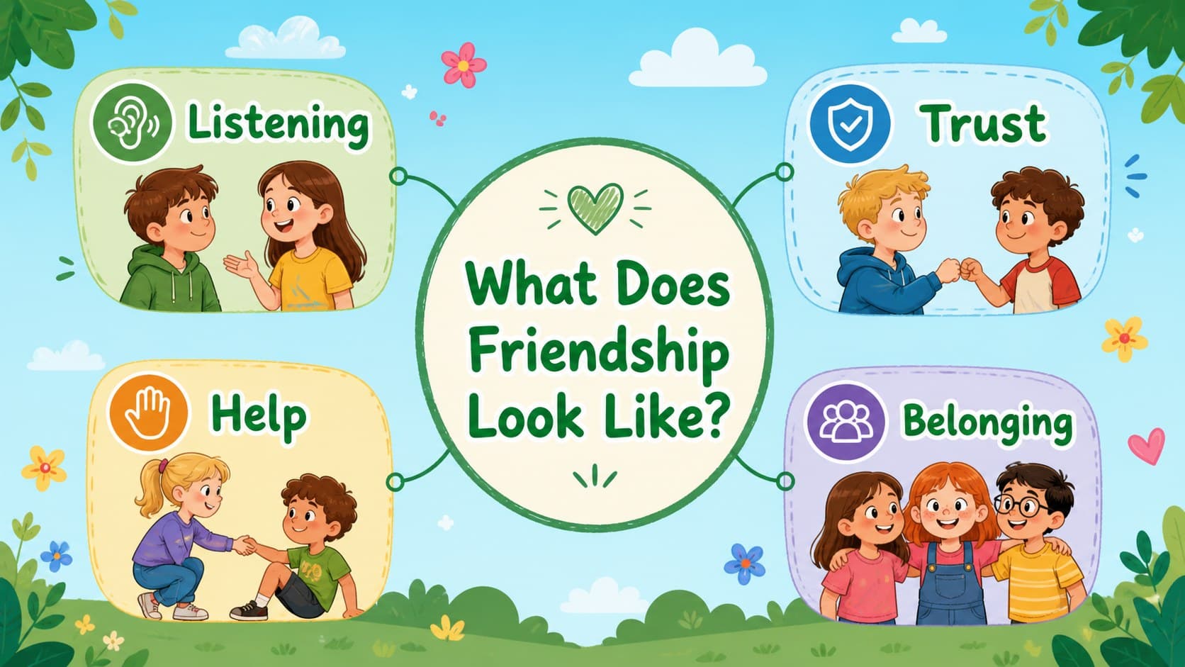 Theme exploration slide explaining how stories show care, trust, and community.