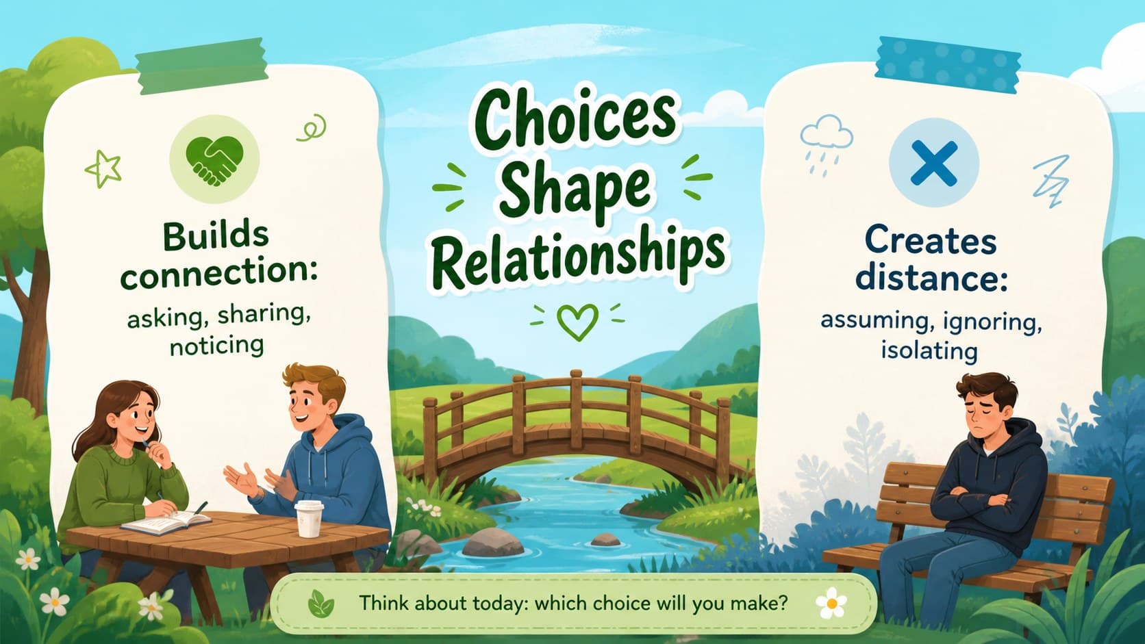 Comparison slide contrasting helpful choices and harmful assumptions in a story lesson.