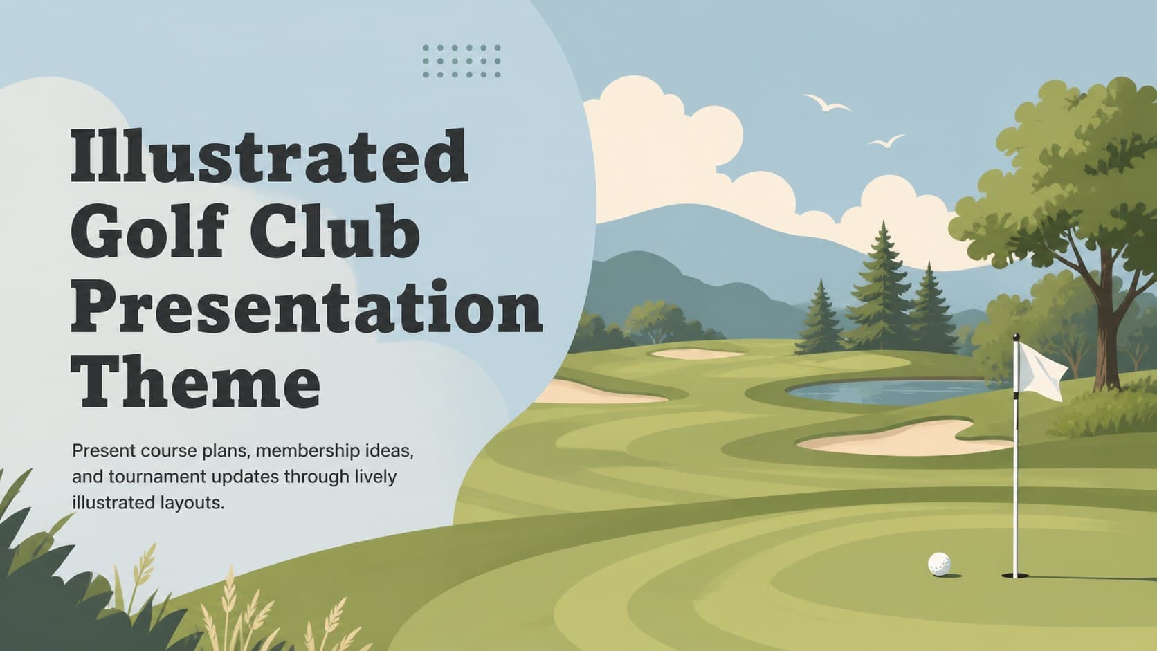 Cover for an illustrated golf club presentation theme with a green fairway scene and blue graphic accents.