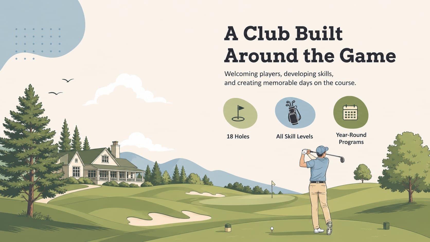 Illustrated golf club overview slide featuring a course landscape, mission statement, and key facts.